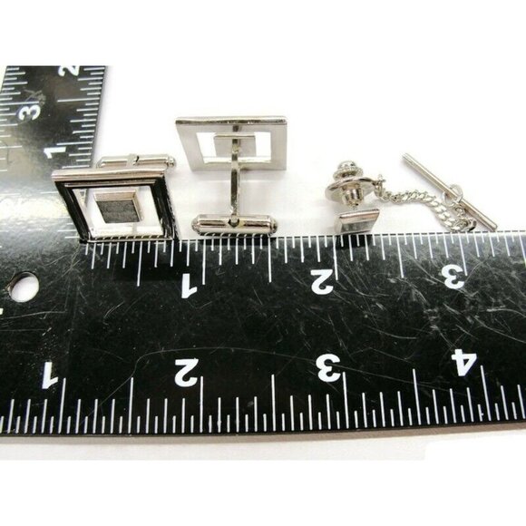 Cufflinks Tie Tac Set Floating Square Silver Tone Tux Suit Vintage - Picture 4 of 8